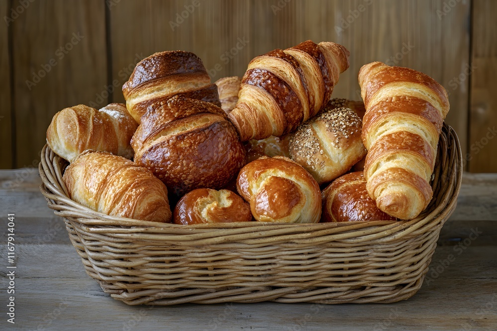 Assorted Freshly Baked Pastries in a Rustic Basket, Displaying Delicious Croissants, Soft Rolls, and Golden Brown Bun Varieties for Bakery or Breakfast Themes Assorted Freshly Baked Pastries in a Rustic Basket, Displaying Delicious Croissants, Soft Rolls, and Golden Brown Bun Varieties for Bakery or Breakfast Themes