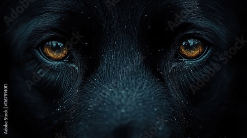 Close-up of a black dog's intense amber eyes. photo