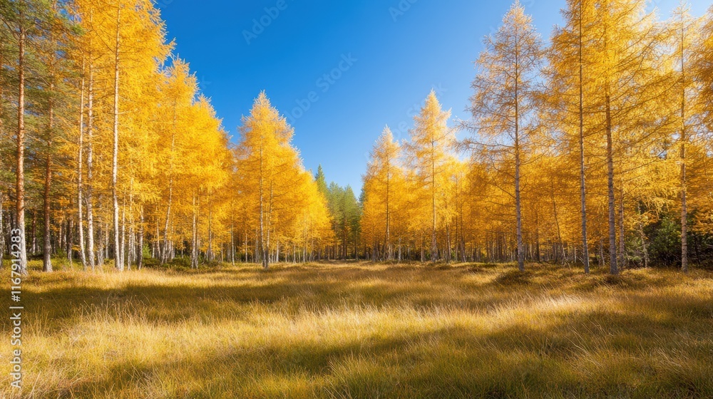 Fototapeta premium Golden autumn forest with vibrant yellow larches under clear blue sky