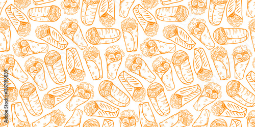 Kebab Pattern background. burrito pattern background. shawarma pattern background. Rolled Sandwich doodle illustration pattern.