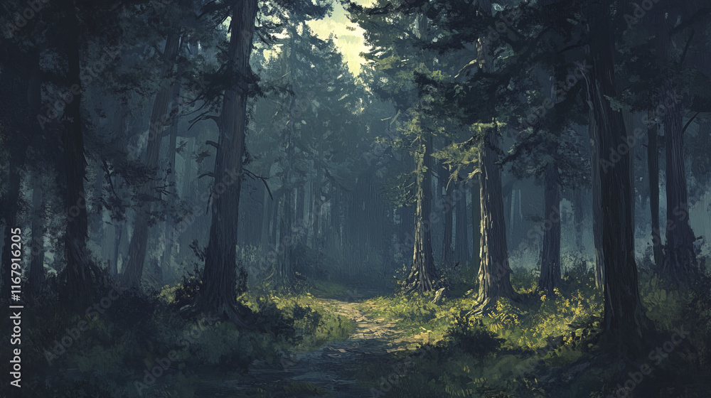 Fototapeta premium foreboding pine forest with tall trees and mysterious path