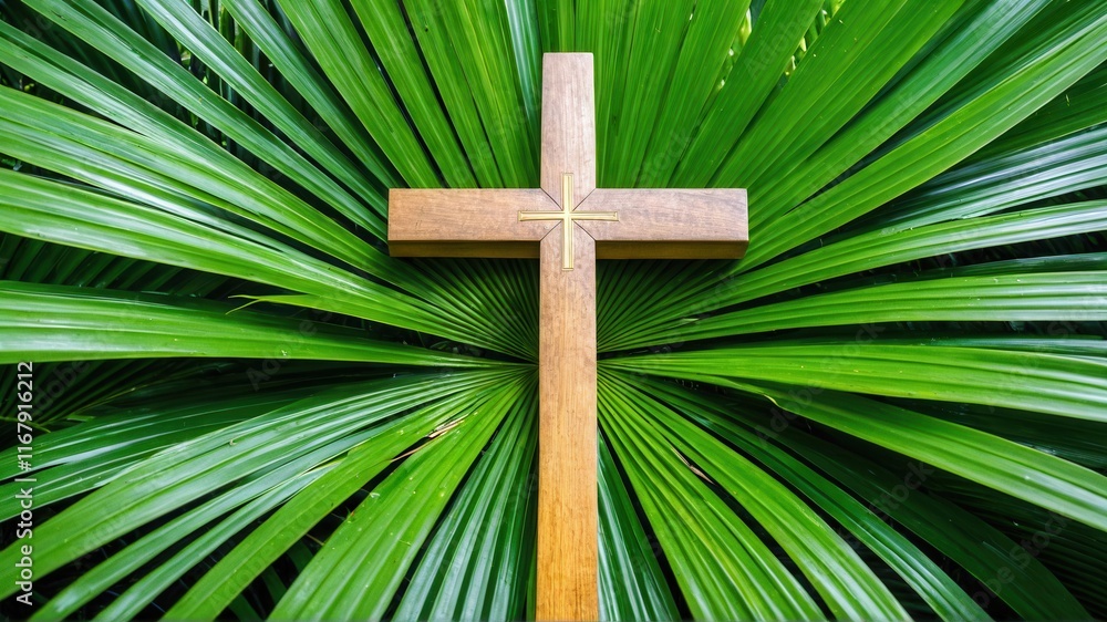 custom made wallpaper toronto digitalWooden cross amidst vibrant green palm leaves: symbol of faith and nature