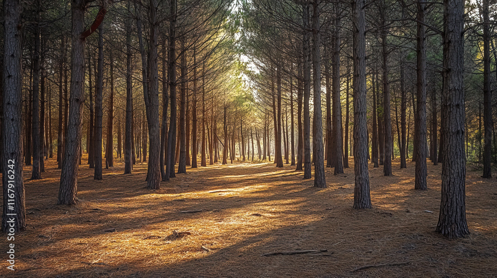 serene view of pine forest with tall trees and soft sunlight filtering through