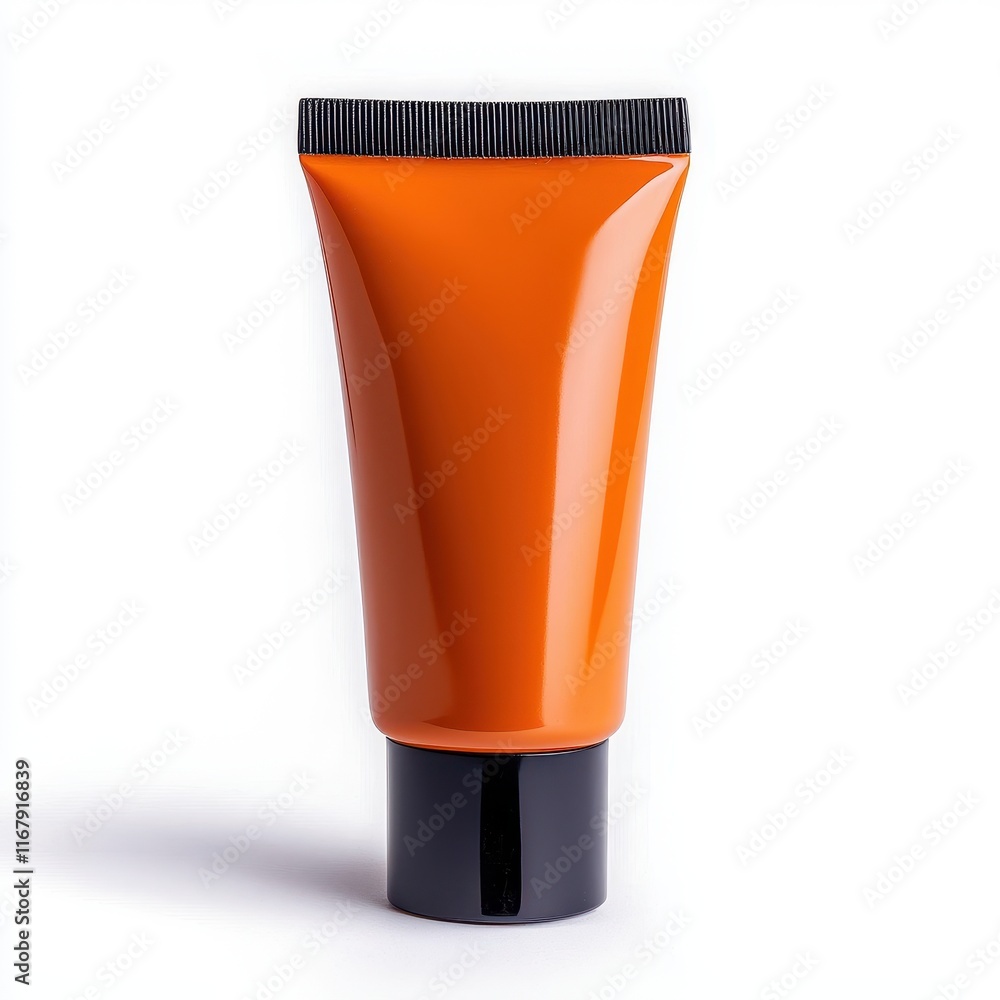 Vibrant Orange Cosmetic Tube with Black Lid on White Background Vibrant Orange Cosmetic Tube with Black Lid on White Background