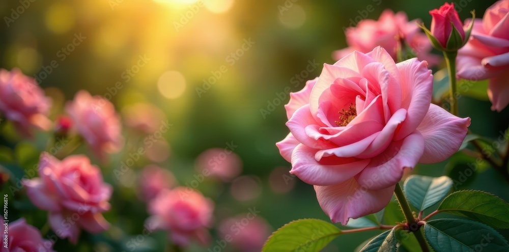 Abundant pink roses, lush garden setting, sunlit scene, floral photography, vibrant Abundant pink roses, lush garden setting, sunlit scene, floral photography, vibrant