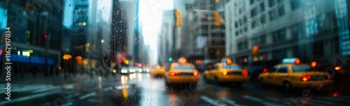 Rainy city street with yellow taxis and urban reflections
