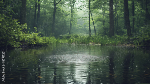 serene forest pond with rain gently falling, creating ripples on surface