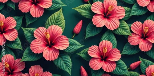 Bold tropical hibiscus & lush greenery, vibrant seamless repeat , flowers, bold