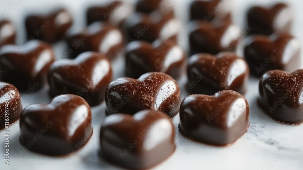 Close-up of numerous dark chocolate heart-shaped candies on a marble surface. Close-up of numerous dark chocolate heart-shaped candies on a marble surface.