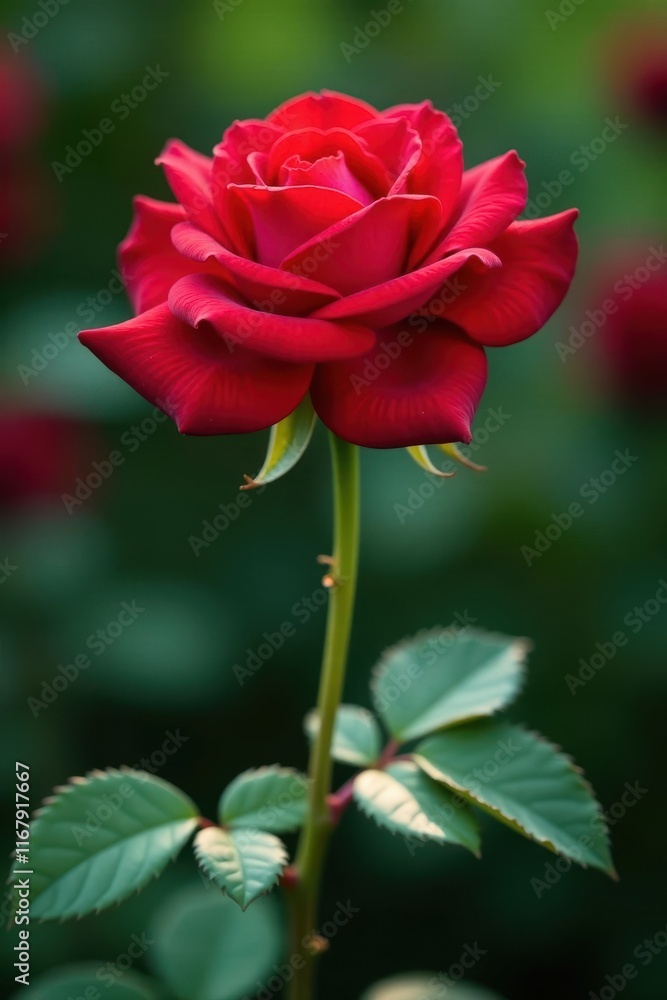 Close-up of single long-stemmed red rose in a garden or indoor setting, roses, gift Close-up of single long-stemmed red rose in a garden or indoor setting, roses, gift