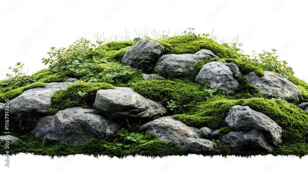 Mossy rocks on a lush green hillside, isolated on white background, showcasing detailed texture, vibrant green moss, and soft natural lighting for a zen garden aesthetic. Mossy rocks on a lush green hillside, isolated on white background, showcasing detailed texture, vibrant green moss, and soft natural lighting for a zen garden aesthetic.