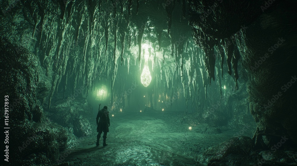 Fototapeta premium Shadows of the Underworld: Mysterious Wanderer in Bioluminescent Cavern
