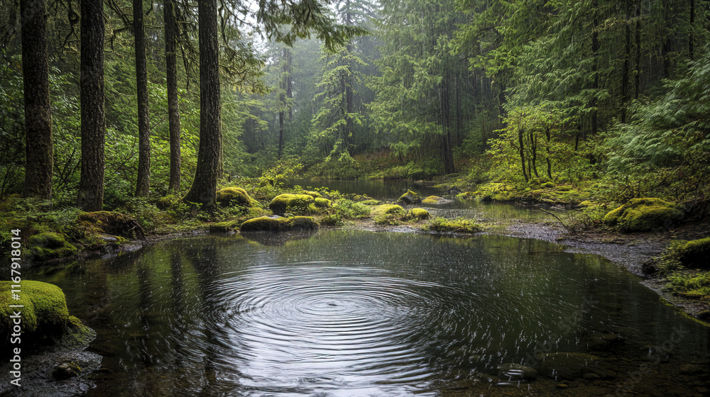 serene forest pond surrounded by lush greenery and rain serene forest pond surrounded by lush greenery and rain