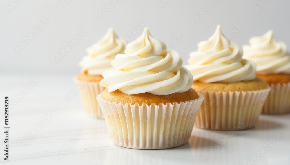 Cream-topped cupcakes against a bright and clean white surface, colorful cupcake, cream Cream-topped cupcakes against a bright and clean white surface, colorful cupcake, cream