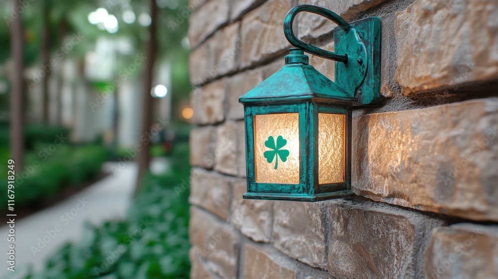 Weathered lantern with shamrock design illuminates rustic stone wall amidst lush greenery Weathered lantern with shamrock design illuminates rustic stone wall amidst lush greenery