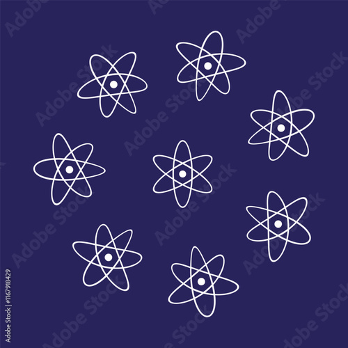 Atomic orbit symbols. White outlines on blue. Scientific vector pattern. Molecular background design.