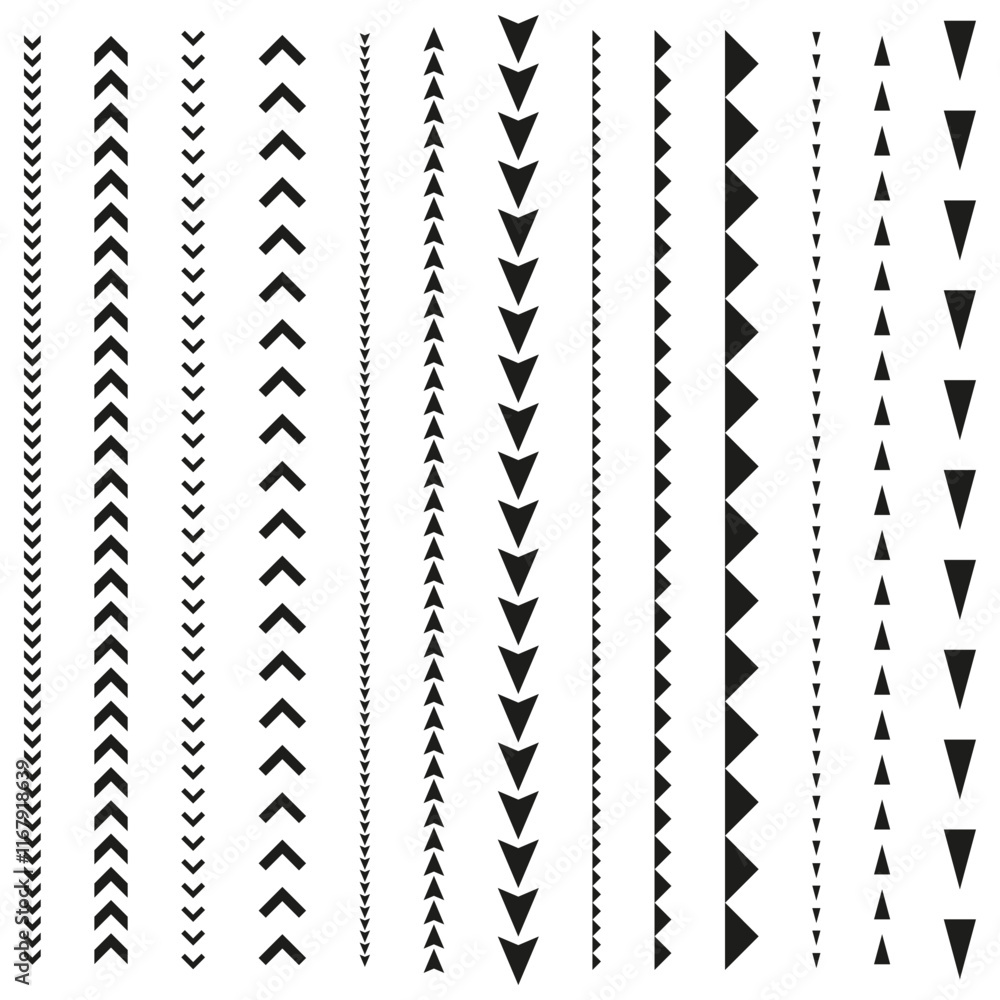 Arrow pattern design. Repetitive triangular shapes. Vector geometric art. Black and white symbols. Arrow pattern design. Repetitive triangular shapes. Vector geometric art. Black and white symbols.
