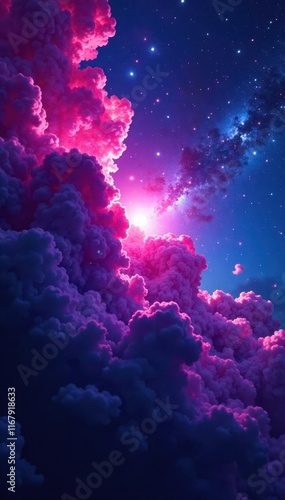 Deep magenta nebula explodes with bright crystalblue aurora bursts , vibrant, astrophysics photo