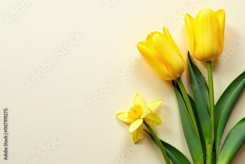 Delicate tulips & daffodils bloom on textured cream paper , art, springtime