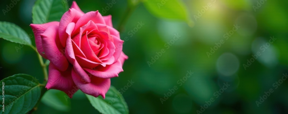 Elegant rose bloom framed by lush green leaves, green, plant Elegant rose bloom framed by lush green leaves, green, plant