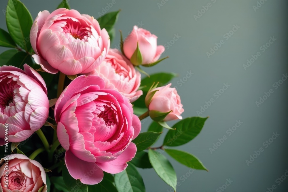 Elegant pink peonies and roses bouquet with lush greenery, floral design, spring flowers Elegant pink peonies and roses bouquet with lush greenery, floral design, spring flowers