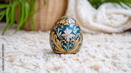 Intricate floral easter egg with elegant blue and gold design on cozy carpet photo