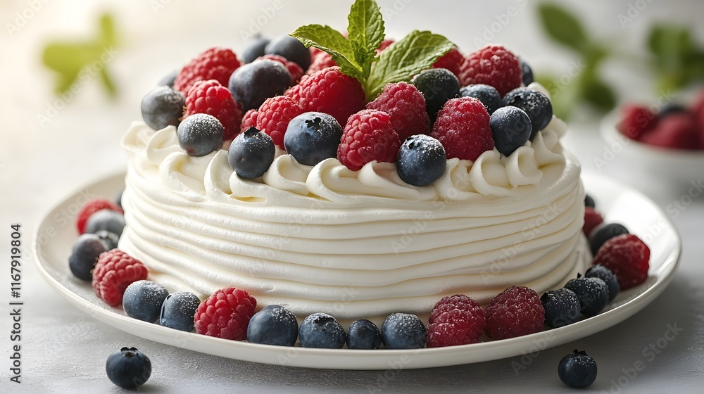 Pavlova cake topped with fresh raspberries, blueberries, and mint leaves, presented on a white plate with clean background, high-key lighting, and crisp details for professional food styling. Pavlova cake topped with fresh raspberries, blueberries, and mint leaves, presented on a white plate with clean background, high-key lighting, and crisp details for professional food styling.