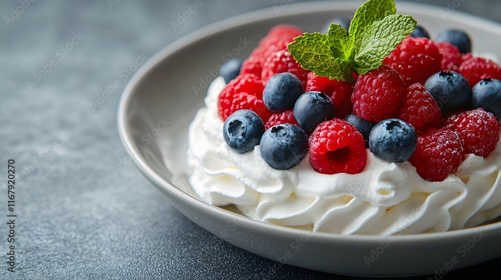 Pavlova cake topped with fresh raspberries, blueberries, and mint leaves, presented on a white plate with clean background, high-key lighting, and crisp details for professional food styling. Pavlova cake topped with fresh raspberries, blueberries, and mint leaves, presented on a white plate with clean background, high-key lighting, and crisp details for professional food styling.