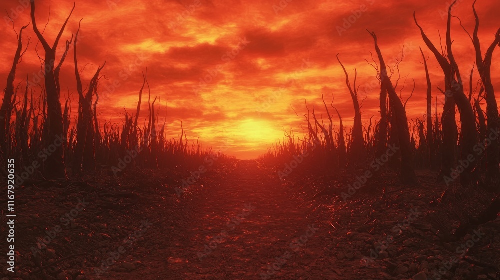 Crimson Twilight: Dark Fantasy Artwork of Scorched Farmland with Monstrous Raiders Lurking - Ultra-Detailed Cinematic Scene Crimson Twilight: Dark Fantasy Artwork of Scorched Farmland with Monstrous Raiders Lurking - Ultra-Detailed Cinematic Scene