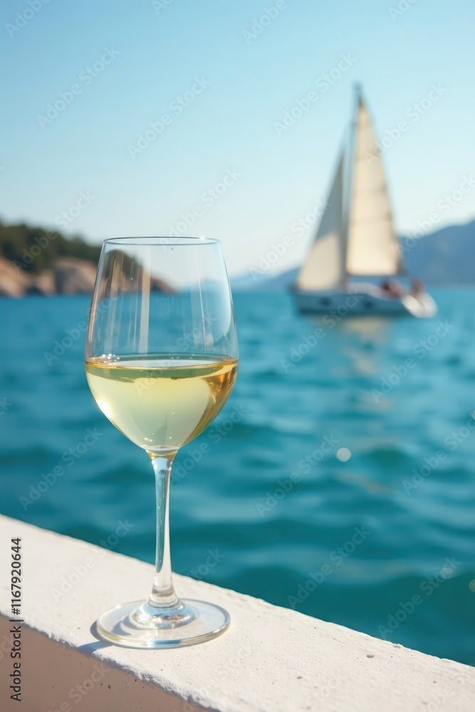 Glass of white wine by seaside, yacht sail visible , sky, light Glass of white wine by seaside, yacht sail visible , sky, light