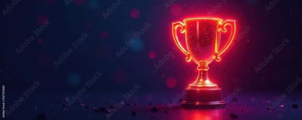 Gleaming trophy, vibrant neon glow, dark backdrop, metallic, lights Gleaming trophy, vibrant neon glow, dark backdrop, metallic, lights
