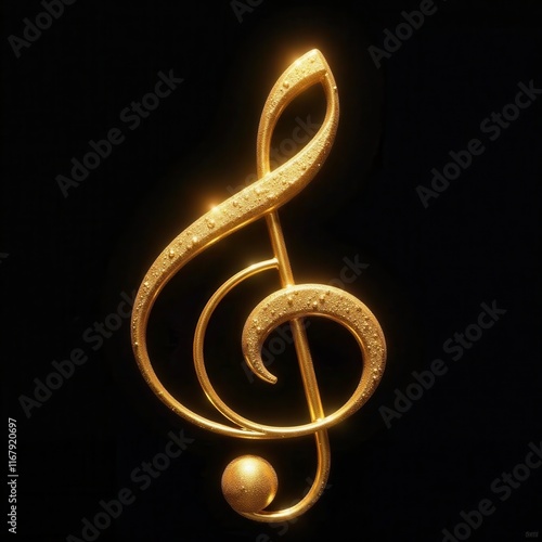 Gleaming gold treble clef, stark black backdrop, rhythm, design