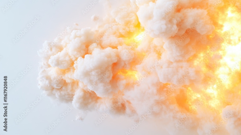 Vivid explosion with bright fire and thick smoke on white background Vivid explosion with bright fire and thick smoke on white background