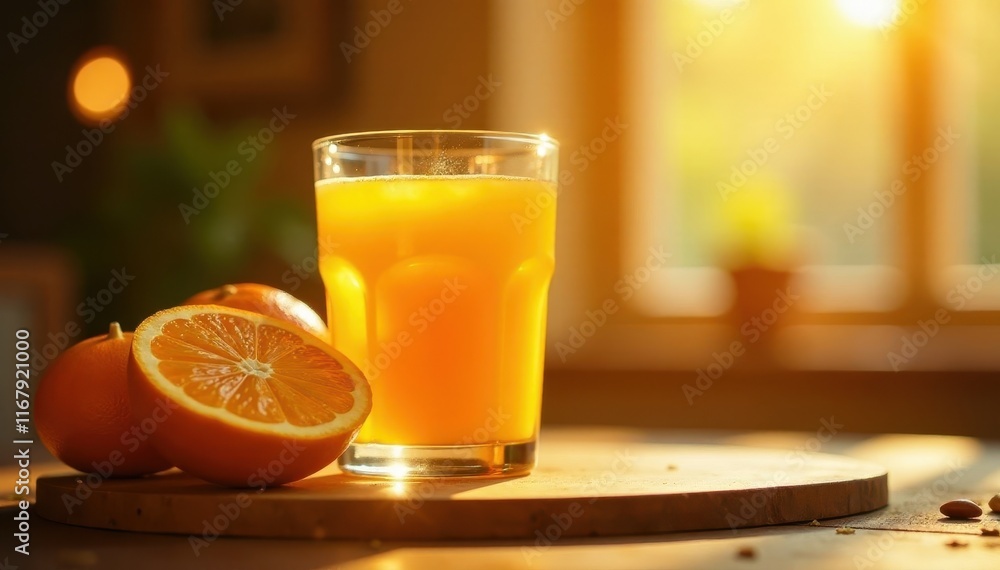 Golden hour light illuminates a glass of OJ & oranges , bright, nutrition Golden hour light illuminates a glass of OJ & oranges , bright, nutrition