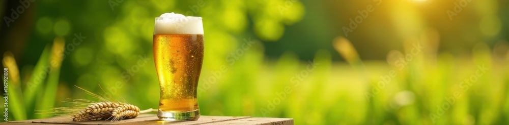 Golden wheat beer in glass, summer garden, green background, wheat ears , golden hour, green Golden wheat beer in glass, summer garden, green background, wheat ears , golden hour, green