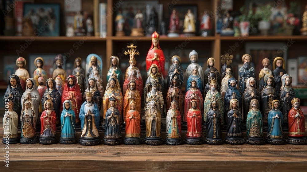Collection of religious figurines on wooden surface. Collection of religious figurines on wooden surface.