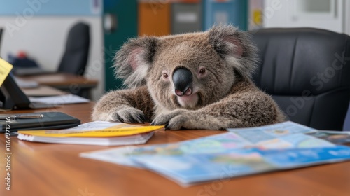 Office koala: adorable animal enjoying desk life in a modern workspace photo