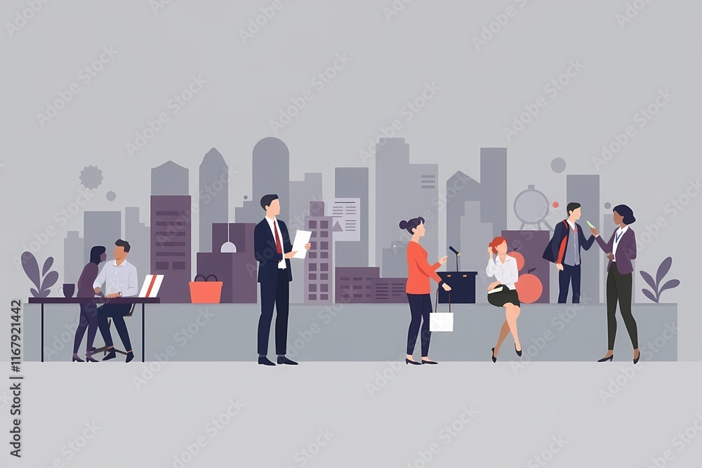 Urban Business Hub: A vibrant illustration depicting a diverse team of professionals in a contemporary office setting, against a backdrop of a bustling city skyline. This image embodies collaboration. Urban Business Hub: A vibrant illustration depicting a diverse team of professionals in a contemporary office setting, against a backdrop of a bustling city skyline. This image embodies collaboration.