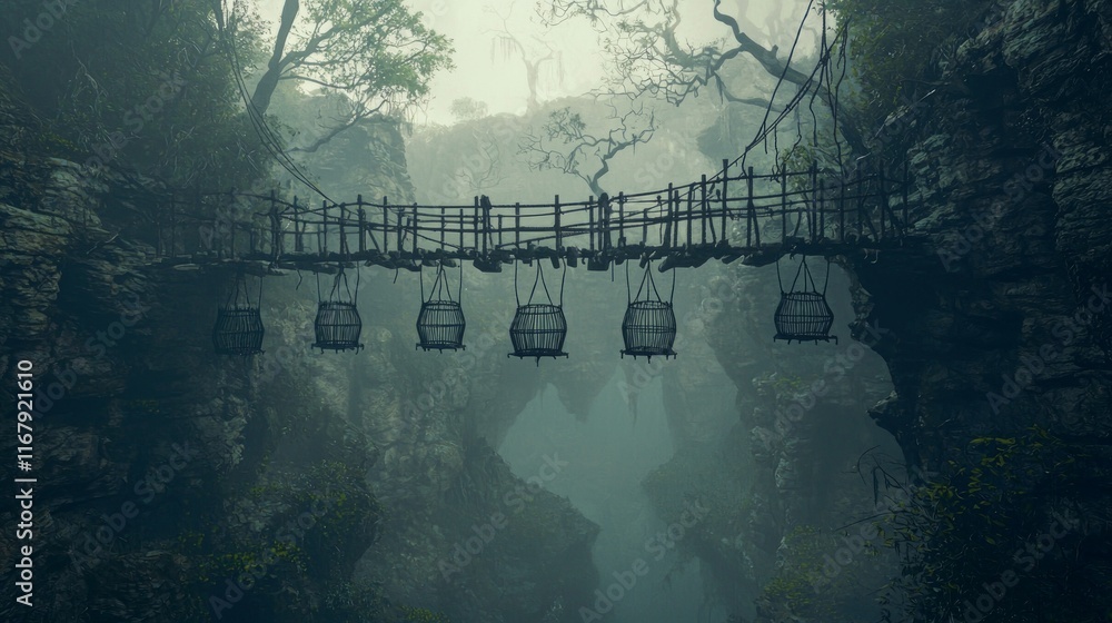 Fototapeta premium Haunting Ravine of Forgotten Captives - Cinematic Dark Fantasy Artwork with Ultra-Detailed Fighter Amidst Echoing Screams and Rusted Cages Swinging Dramatically