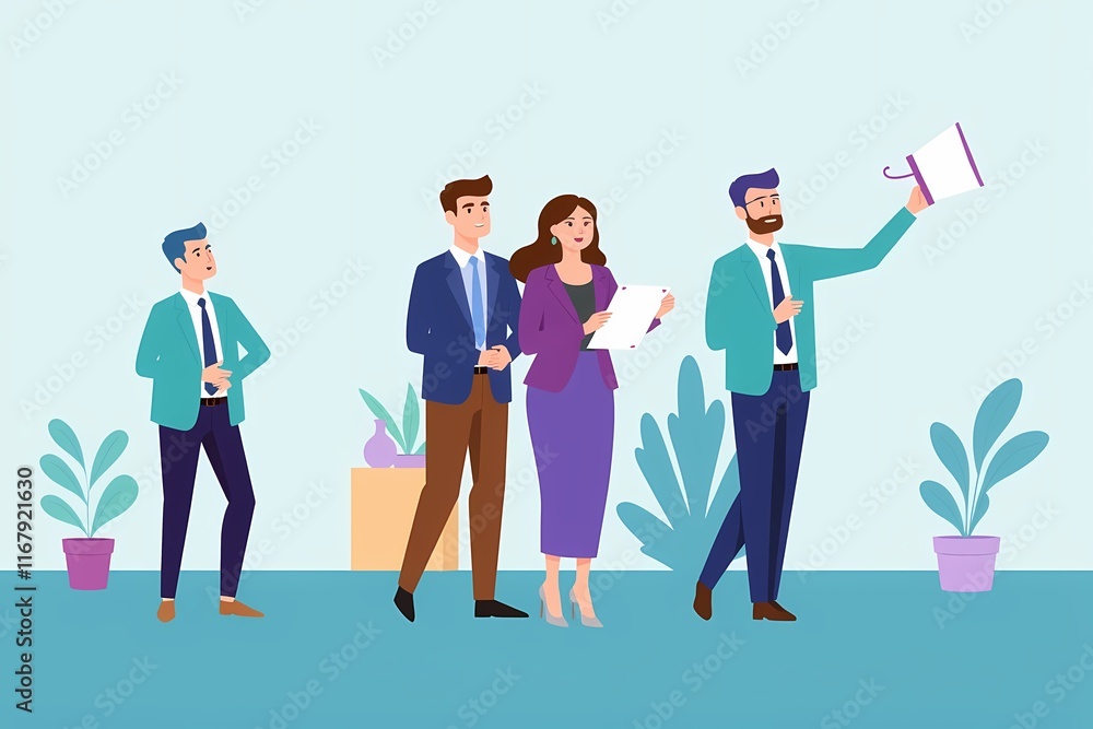 Announcing Success: Business Team Collaboration and Communication. Flat design illustration of a diverse business team collaborating and communicating effectively. Announcing Success: Business Team Collaboration and Communication. Flat design illustration of a diverse business team collaborating and communicating effectively.