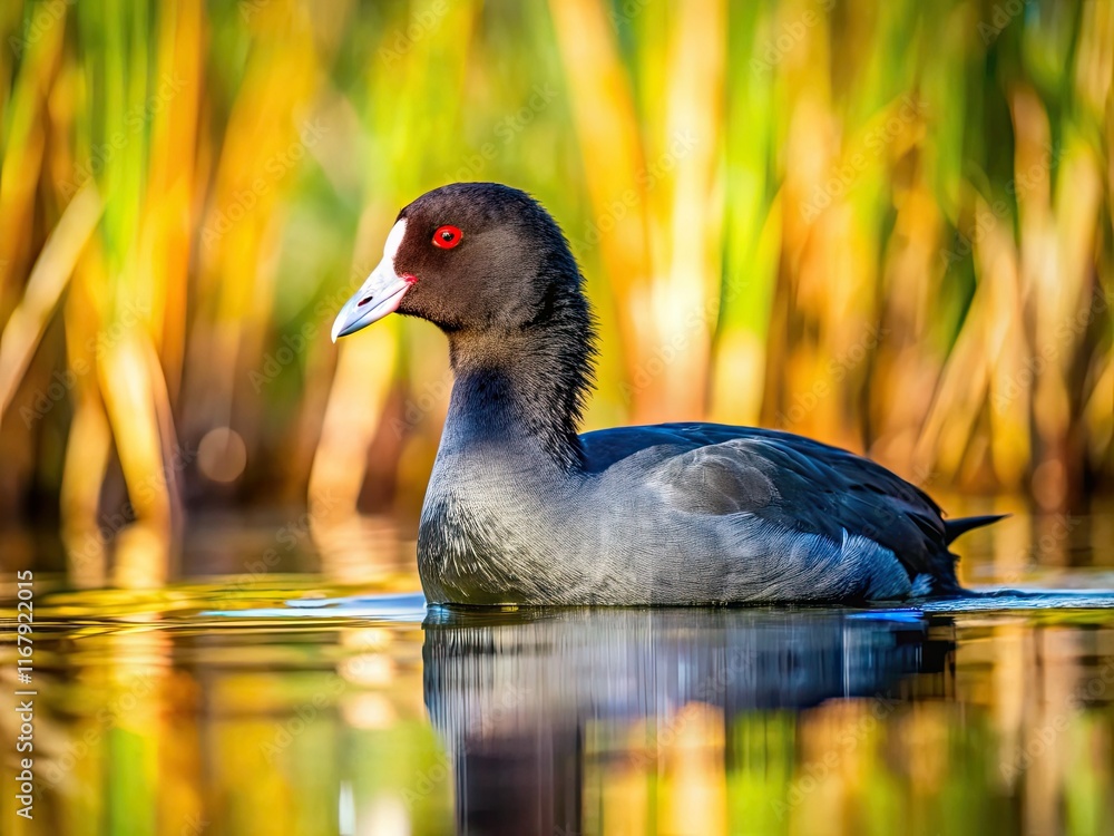 A close-up portrait of an American Coot (Fulica americana), its dark plumage contrasting against the water. A close-up portrait of an American Coot (Fulica americana), its dark plumage contrasting against the water.