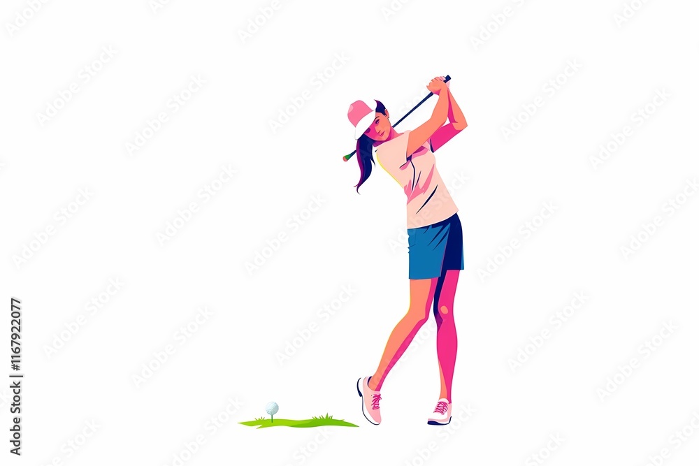 Golf Swing in Action: Dynamic illustration of a female golfer executing a powerful drive, showcasing athleticism and precision.  