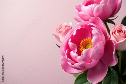 Luscious pink peonies & roses bouquet Ample copy space , photo, fresh