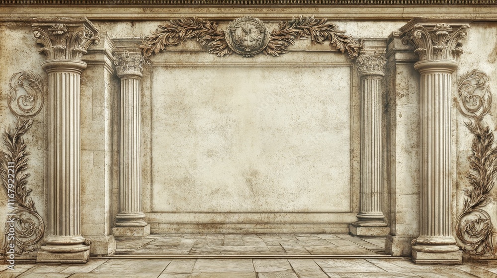 Obraz premium Ancient stone columns frame weathered wall, floor.