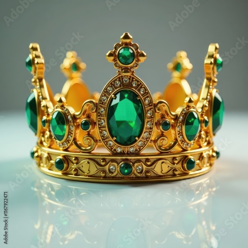 Ornate gold crown, green gemstones, gold beads , antique, vintage