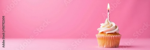 Pink background, single birthday cupcake with candle, yummy, happy