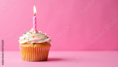 Pink background, single birthday cupcake with candle , joy, celebration