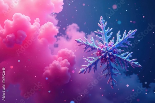 Pink blue neon snowflake, swirling smoky backdrop , shine, digital