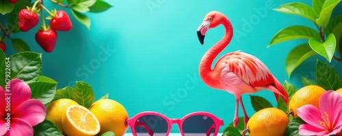 Pink flamingo amidst vibrant summer fruits, flowers, and sunglasses , blue, colorful