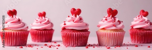 Pink & red cupcakes with heart sprinkles, banner backdrop, celebration, delicious